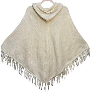 Vintage Y2K Hooded Knitted Poncho Tassel Hem Wool Blend Gropcore Fairycore